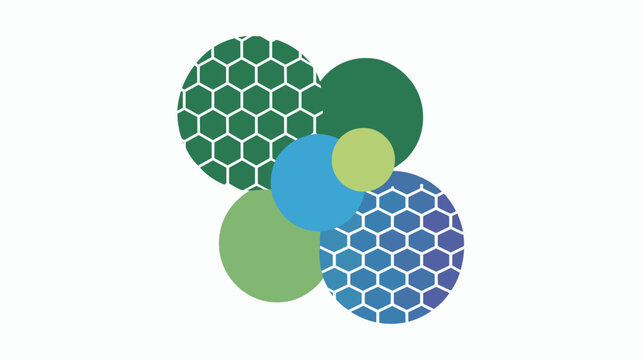 A colorful vector graphic illustration of overlapping circles with honeycomb patterns in shades of green and blue