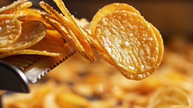 Fresh potato chips being cut by a crinkle cutter in motion for cooking