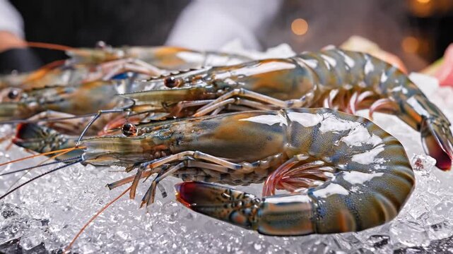 Fresh raw giant tiger prawns meticulously arranged on a bed of glistening crushed ice, showcasing premium seafood.
