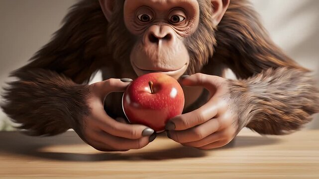 Playful chimpanzee handles apple on wooden table in close up video.