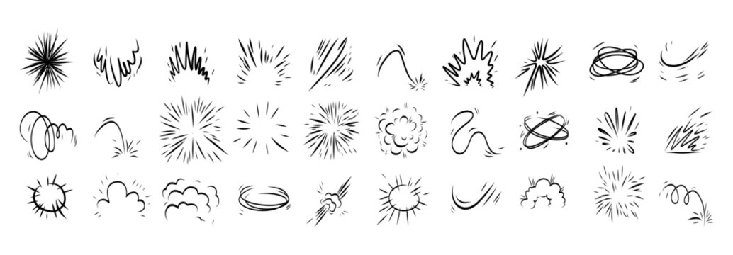 Comic effect manga elements set in black ink on white background. Hand drawn doodle bursts, speed lines, speech bubbles and explosive marks for retro superhero layouts, posters and manga pages.