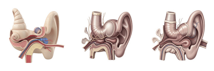 Human inner ear isolated on white background, cochlea, vestibule, semicircular canals, auditory system, balance organ, human ear anatomy, medical illustration, internal organ diagram, auditory pathway © Greate