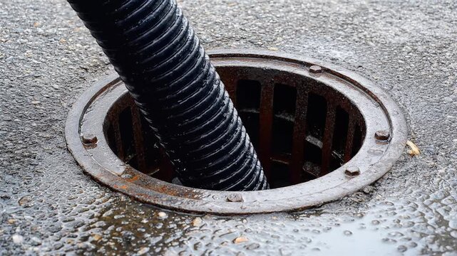 Sewer Inspection with Flexible Rod Camera Inserted into Manhole Cover, Slow Motion Footage of Drainage System Maintenance, symbolizing infrastructure inspection