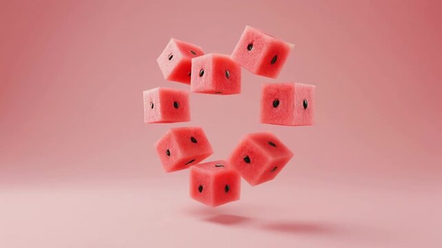 Watermelon cubes with seeds float in a circular pattern on a pink background