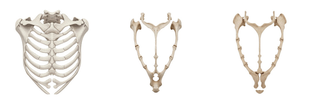 Human sternum bone isolated on white background, breastbone anatomy, manubrium, body, xiphoid process, thoracic skeleton, human rib cage, medical illustration, skeletal internal organ, thorax anatomy 