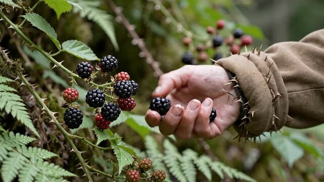 Hand picking blackberries from thorny bush with green leaves and red berries blackberry thorns