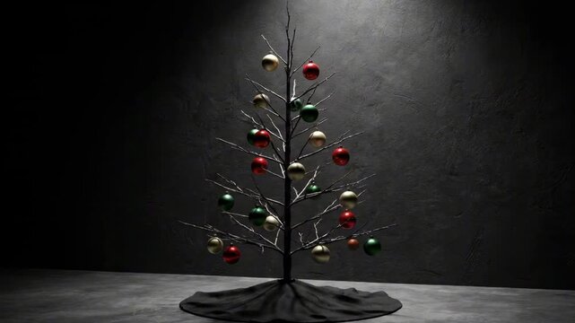 christmas tree with balls. A minimalist Christmas tree without foliage, adorned with colorful ornaments in red and green, set against a dimly lit, textured concrete wall