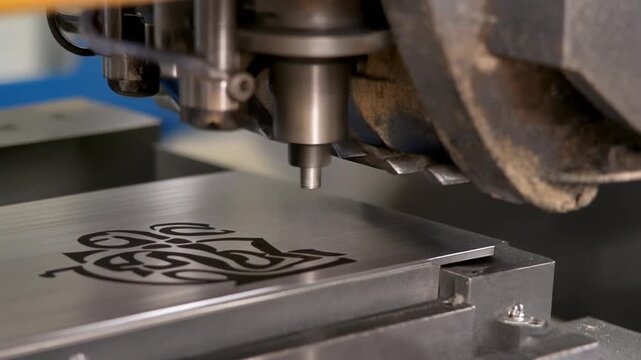 A CNC machine precisely engraves an intricate pattern onto a metal surface