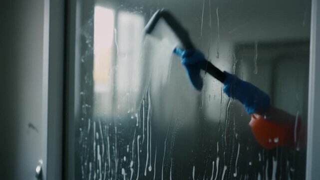 A gloved hand wipes a window with a squeegee removing soap suds