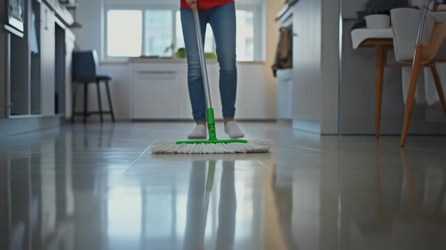 A person mops the glossy floor of a bright kitchen