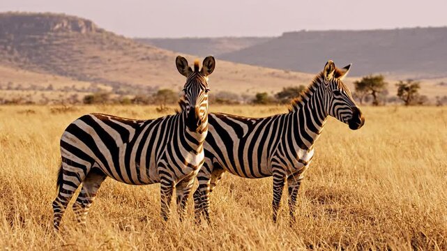 Majestic African wildlife: Two zebras standing in golden savanna grass at sunset, perfect for travel documentaries or nature conservation projects.