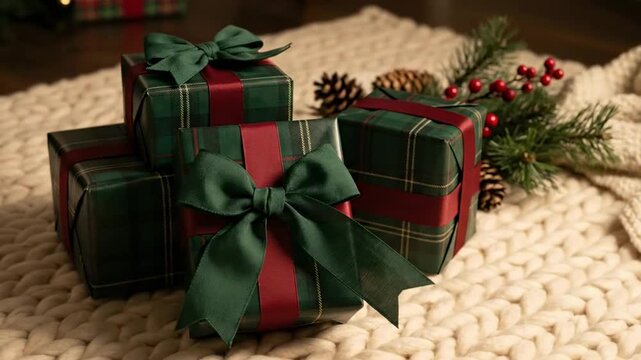 green christmas decorations. A cozy holiday scene featuring beautifully wrapped gifts with plaid patterns, surrounded by pinecones and festive greenery on a knitted blanket