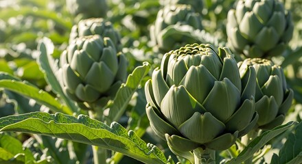 Fototapeta premium Field of fresh green artichokes growing in sunlight with lush green leaves