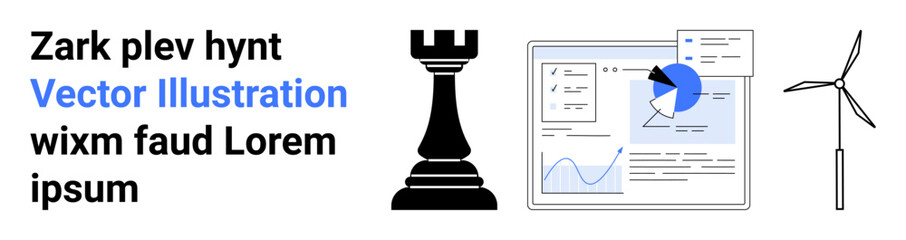 Business strategy, data analysis, clean energy, leadership, decision-making, sustainability. Chess rook, data dashboard wind turbine. Business strategy and data analysis illustration © robu_s