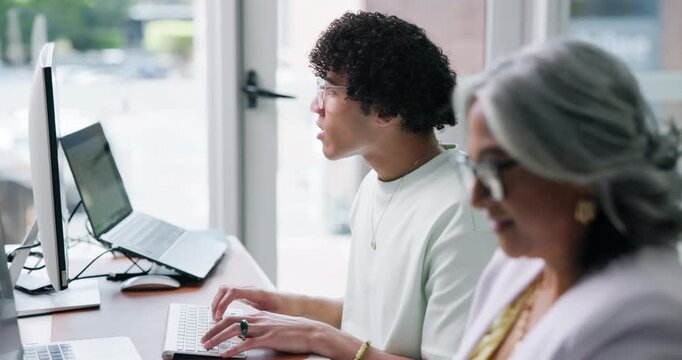 Review, explain or people in agency with computer, mentor advice or aid for campaign pitch. Collaboration, tech or marketing director with assistance, help or feedback for brand awareness proposal.