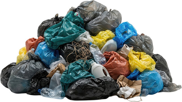 A large messy pile of colorful plastic garbage bags crumpled plastic bottles and discarded cardboard waste representing pollution and environmental issues trash rubbish litter