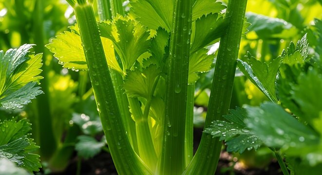 Close-up of fresh green celery stalks and leaves glistening with water droplets in sunlight