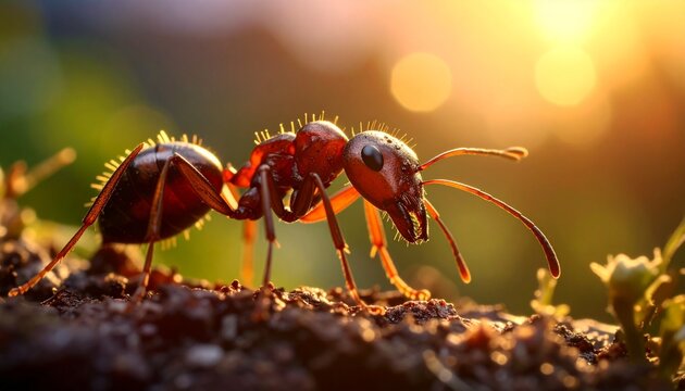 A macro close-up of a small black worker ant with detailed antennae and legs crawling from the garden ground onto a green leaf in nature