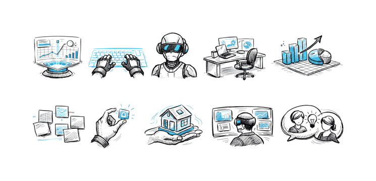 Technology, virtual reality sketch icon set. Data analysis and innovation outline graphics