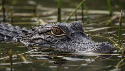 Obraz premium A Small Chinese Alligator Emerges from Dark Water in its Natural Habitat