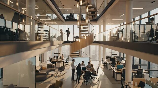 modern office interior with employees, business meeting and spiral staircase