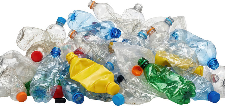 A large pile of crushed and empty plastic bottles in various colors including clear blue yellow and green highlighting waste and recycling pollution environmental disposal