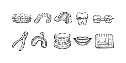 Dental and orthodontic outline icon set. Tooth, braces, calendar, tools collection