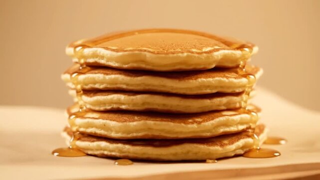 Golden stack of fluffy homemade pancakes generously drizzled with sweet maple syrup, perfect for a delightful breakfast or brunch experience