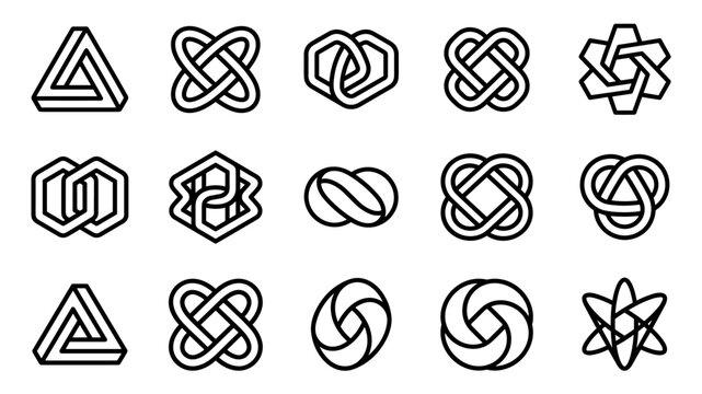 Collection of impossible shapes and abstract symbols featuring minimalist black line art icons of knots, paradoxes, and infinite loops for modern logo and emblem design