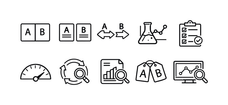 A/b testing outline icon set. Experiment, research icons in simple linear style.