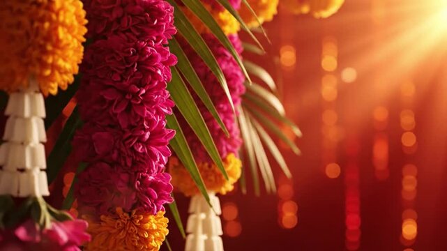 Vibrant floral garlands with pink, orange, and green leaves against a warm, golden light background, celebrating Indian festivals like Ugadi and Gudi Padwa with traditional Hindu culture and rituals.