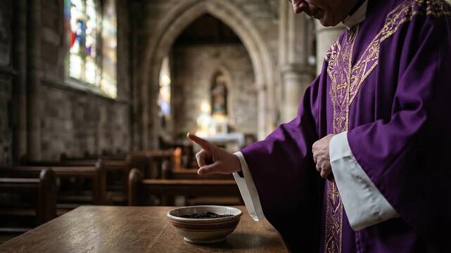 Side Profile of Priest Blessing Ashes in Purple Vestments