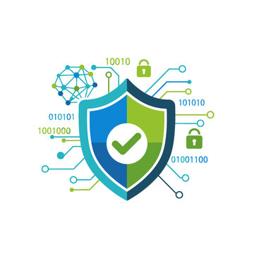 Digital security shield with binary code and network connections