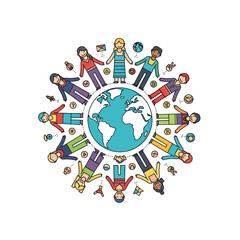 Diverse people holding hands around Earth globe in unity