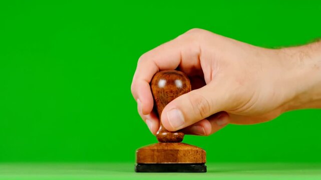 A person's hand holding a wooden rubber stamp against a vibrant green background, ready to make an impression.