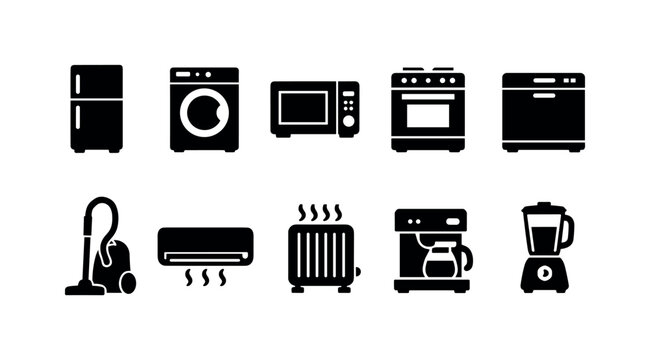 Home appliances solid icon set. Kitchen and laundry appliance symbols collection
