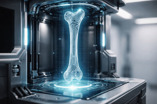 AI generated futuristic bone scan vault projecting hologram femur density map in cool grayscale neon advanced medical imaging technology healthcare innovation concept with copy space