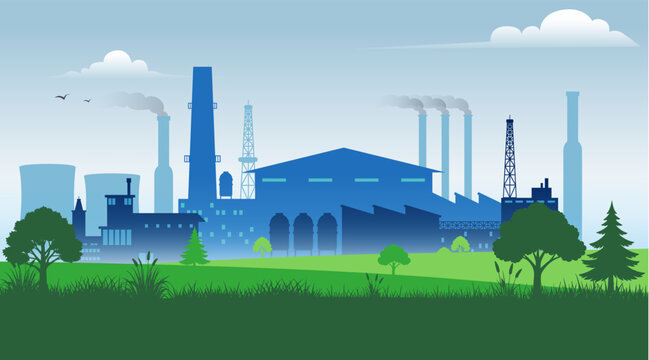 factory building in silhouette landscape vector illustration, industry and manufacture concept, 