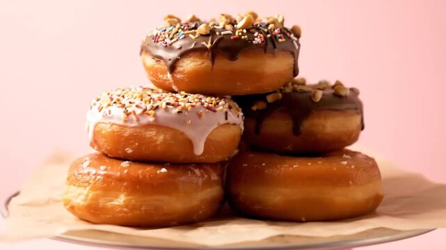 A sweet assortment of delicious doughnuts stacked high, featuring chocolate and white icing with sprinkles, a delightful bakery treat