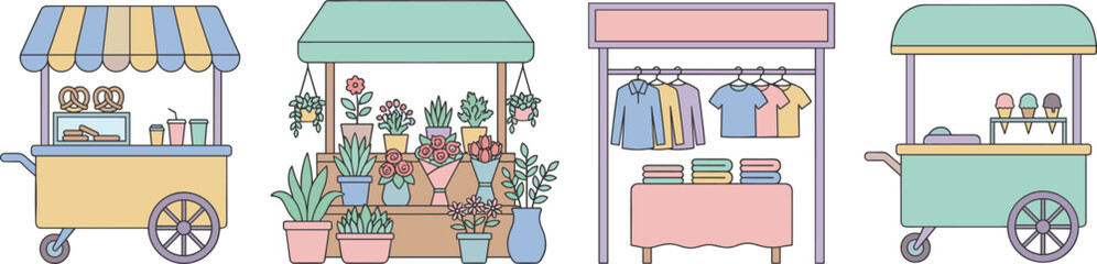 Market stalls illustration, food cart, flower shop, clothing stand, ice cream vendor, pastel street market kiosks collection © Shuvo creative