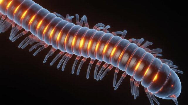 Close up view of a glowing segmented millipede like creature showing internal illumination