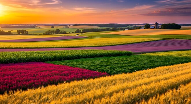 Vibrant patchwork of agricultural fields at sunset, showcasing diverse crops in bloom