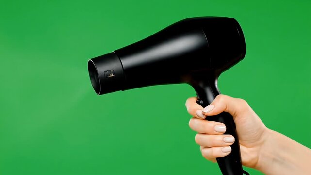 A person's hand holding a black hairdryer with a puff of air against a vibrant green background.