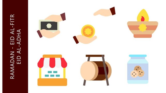 Ramadan, Eid Al-Fitr, Eid Al-Adha 2D Flat Icon Animation Cartoon 4K Video. Contain almsgiving, aroma oil, bazaar, bedug, biscuit jar. Editable On Transparent Background Alpha Channel.