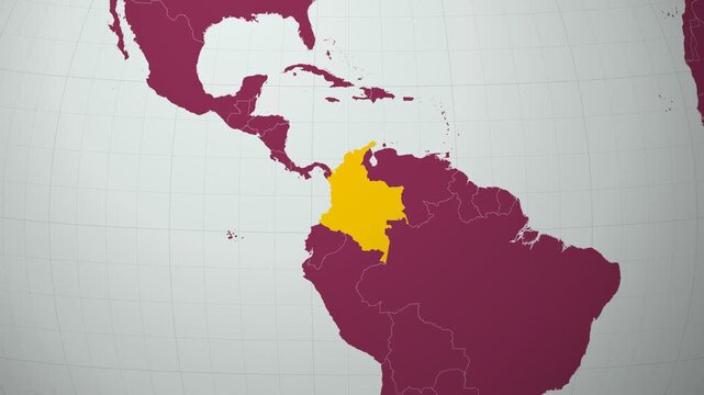 Colombia map. Animated zoom into the country on the Globe in Pale Mint Dark Pink color palette. Country logo animation with round text and airplanes. Map with meridians, parallels. Amazing video.