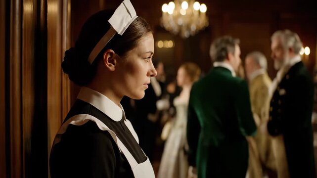 Woman maid looking away from historic party in mansion. Period drama event with staff.