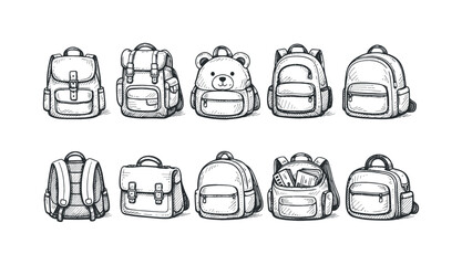 Backpack doodle icon set. Hand-drawn schoolbag sketch, outline vector collection