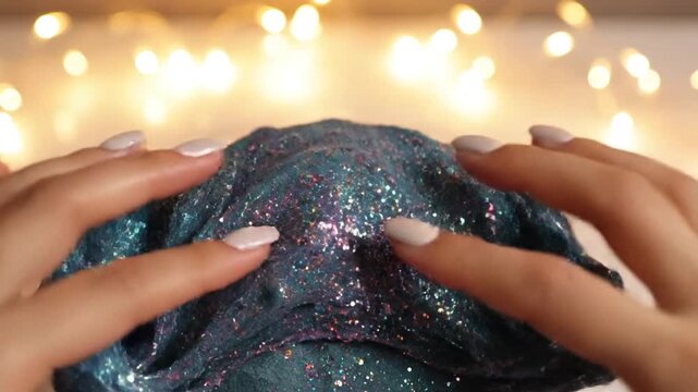 Close-up of Hands Playing with Glittery Blue Slime.