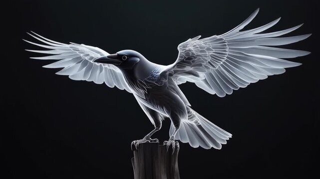 A glowing crow with transparent wings spread wide while perched on a wooden post
