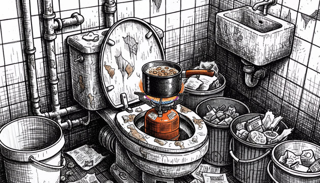 Dirty Toilet Bowl with Exposed Waste and Unpleasant Surroundings.